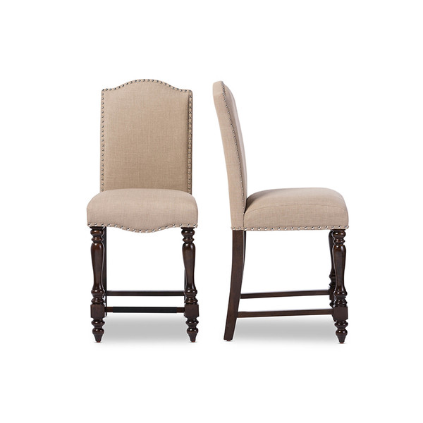 Baxton Studio Zachary Oak Brown Beige Linen Upholstered Counter Chair, PK2 119-6357